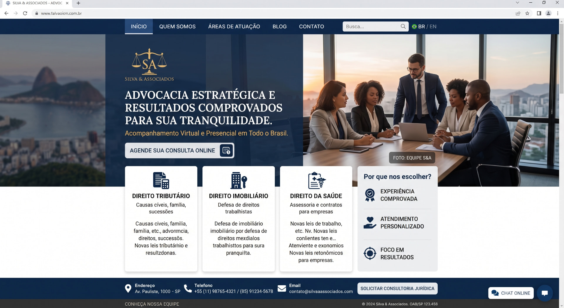 Landing page com áreas de atuação e diferenciais