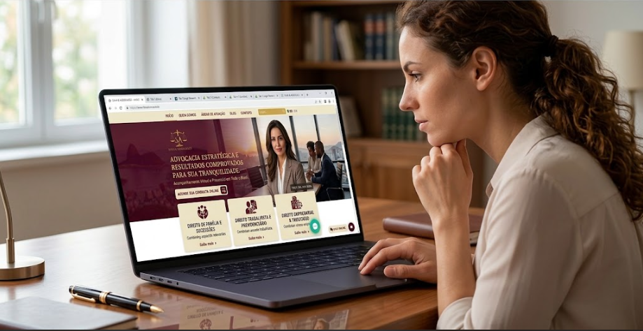 Landing page jurídica exibida em um notebook