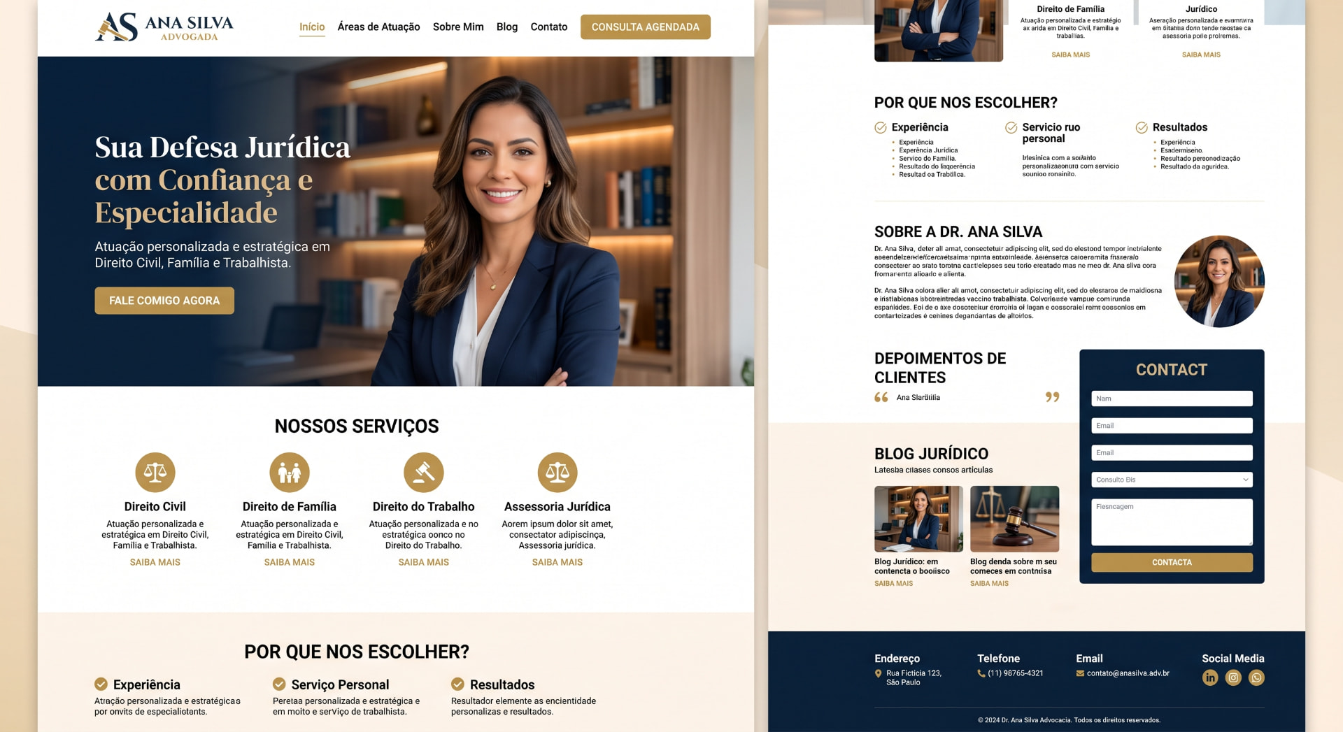 Landing page de advogada com serviços e contato