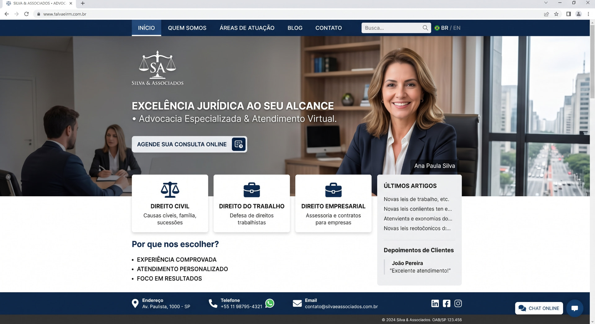 Landing page de escritório com áreas de atuação